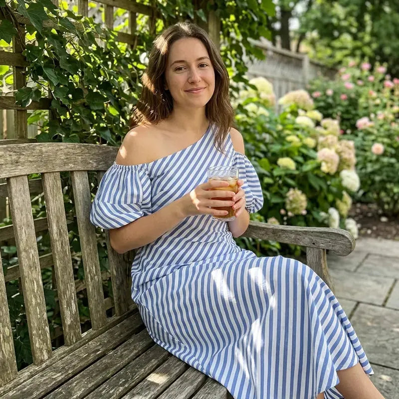 Women Striped Off Shoulder Dress – Elegant Flowy Summer Chic