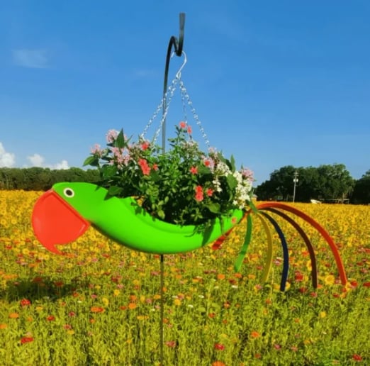 Colorful bird hanging planter