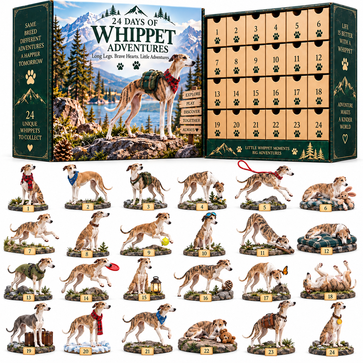 🐾 24 Days of Whippet Adventures – Christmas Advent Calendar | 24 Unique Dog Collectible Figurines
