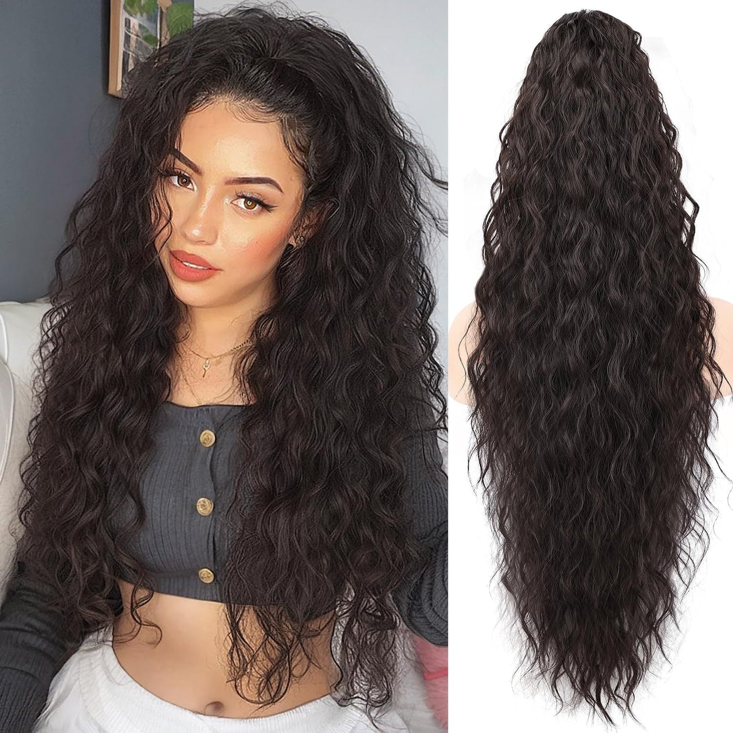 💖Clip-In Wave Ponytail Hair Extension Natural Fluffy African Style Wig💖