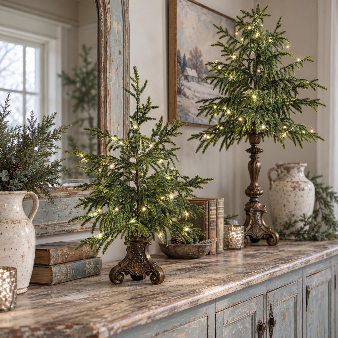 🎄 Vintage Lighted Norfolk Pine Trees | Warm LED Pedestal Decor