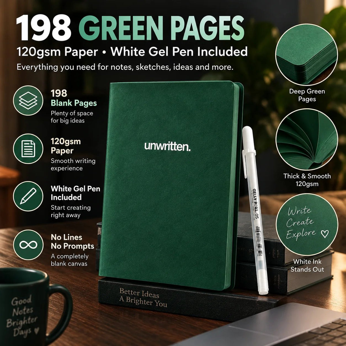 🔥HOT SALE 49% OFF - 📖Deep Green Blank Notebook with White Gel Pen | Aesthetic Writing & Sketch Journal