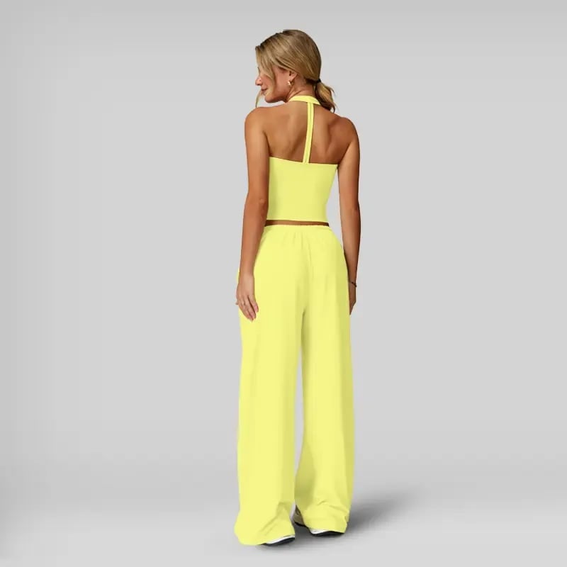 Women’s 2-Piece Silk-Like Lounge Set – V-Neck Strappy Top & Wide Leg Pants