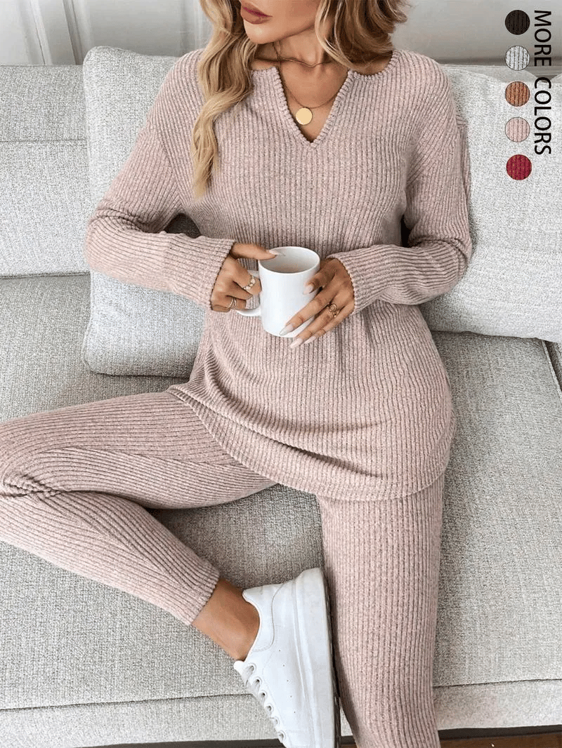 Women's Casual Plush Rib-Knit Long Sleeve T-Shirt And Leggings Set