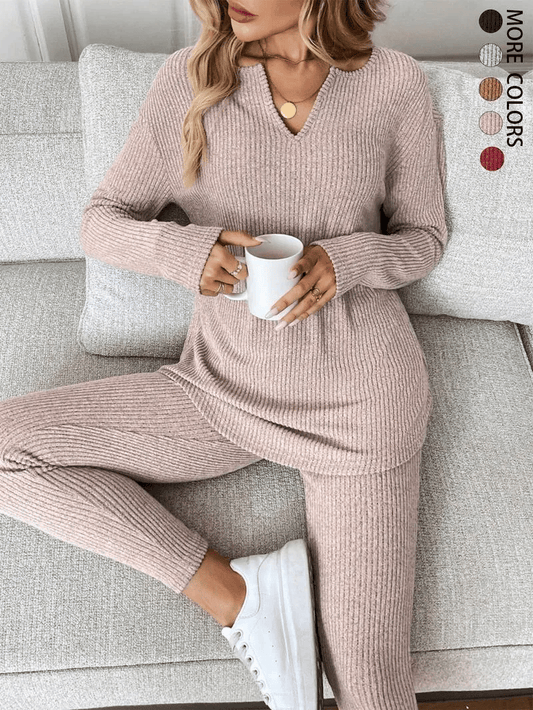 Women's Casual Plush Rib-Knit Long Sleeve T-Shirt And Leggings Set