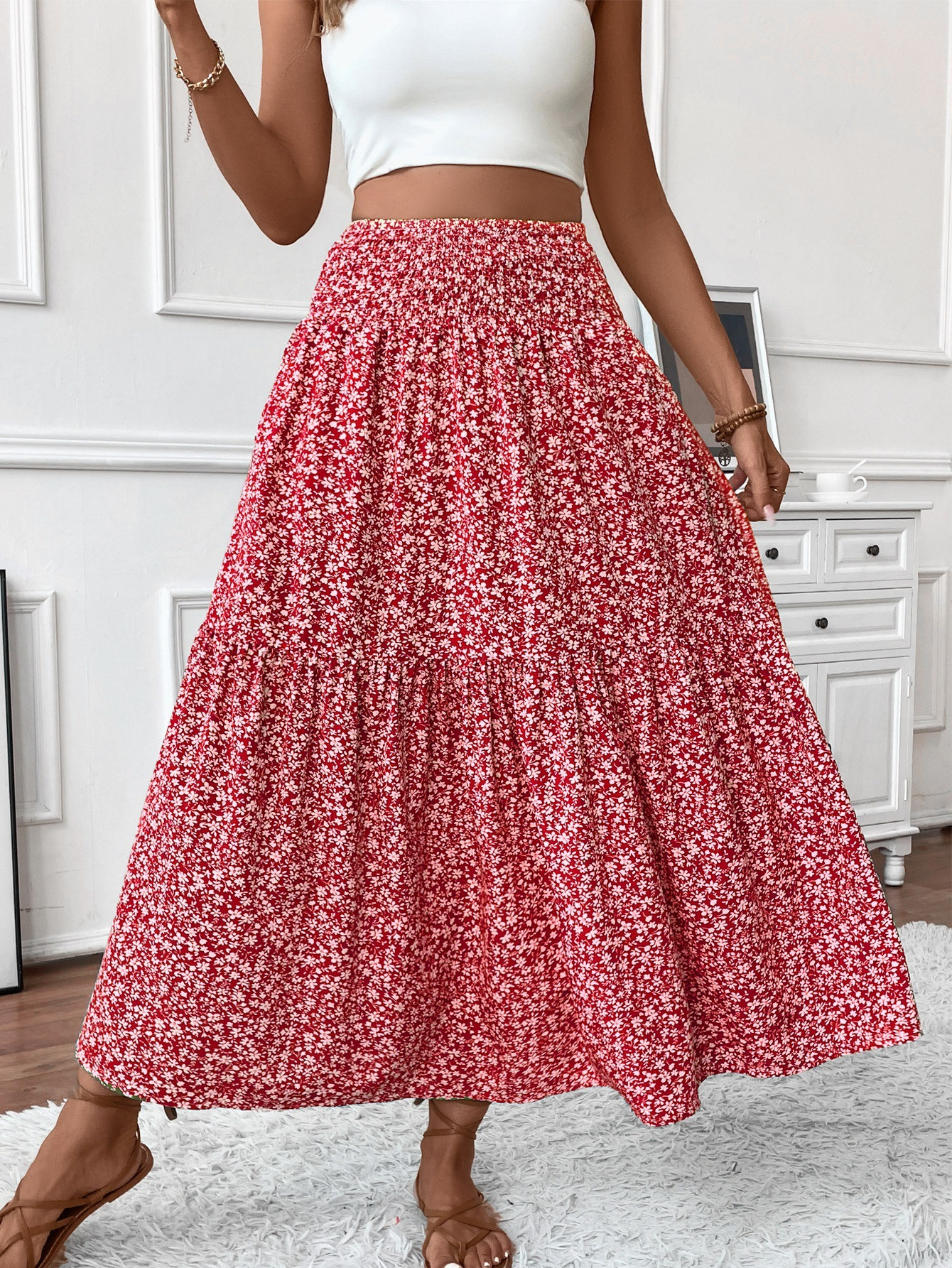 Floral print three-layer patchwork long skirt - Buy 2 items and get free shipping！