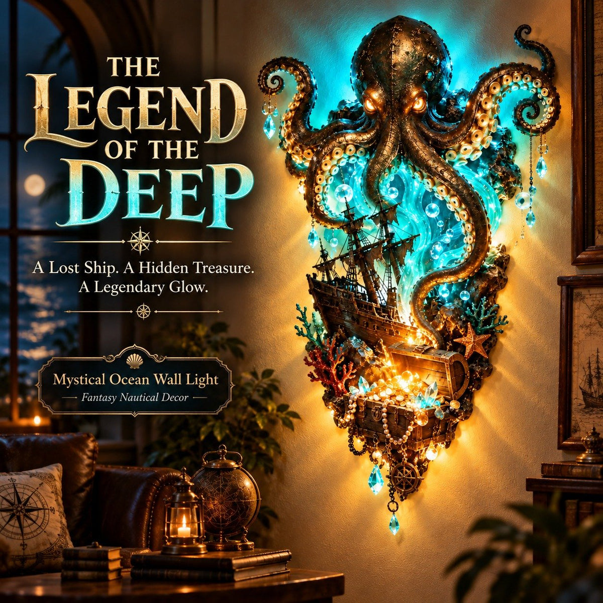 Octopus Wall Lamp with Pirate Ship and Treasure – A Legend from the Depths for Your Wall