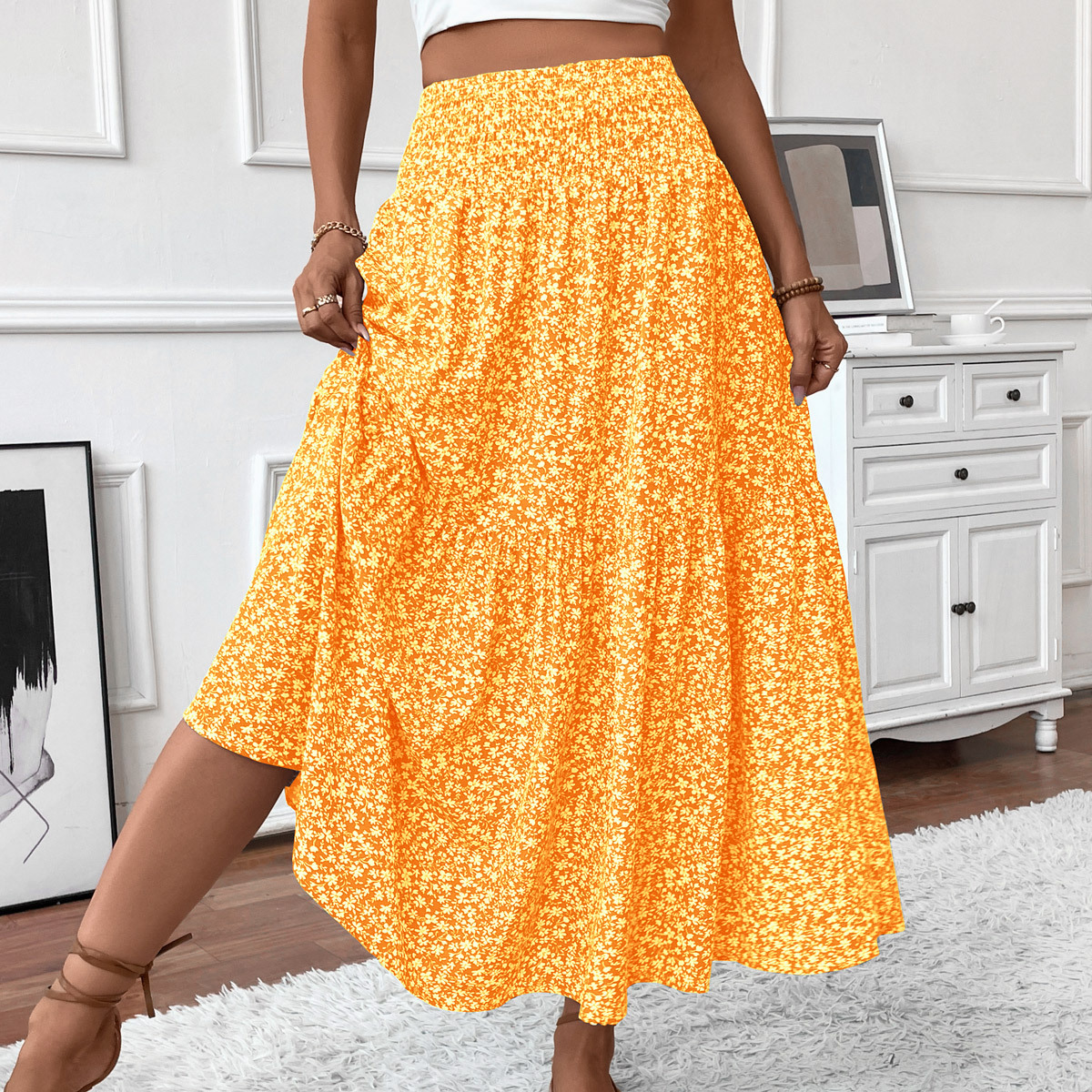 Floral print three-layer patchwork long skirt - Buy 2 items and get free shipping！