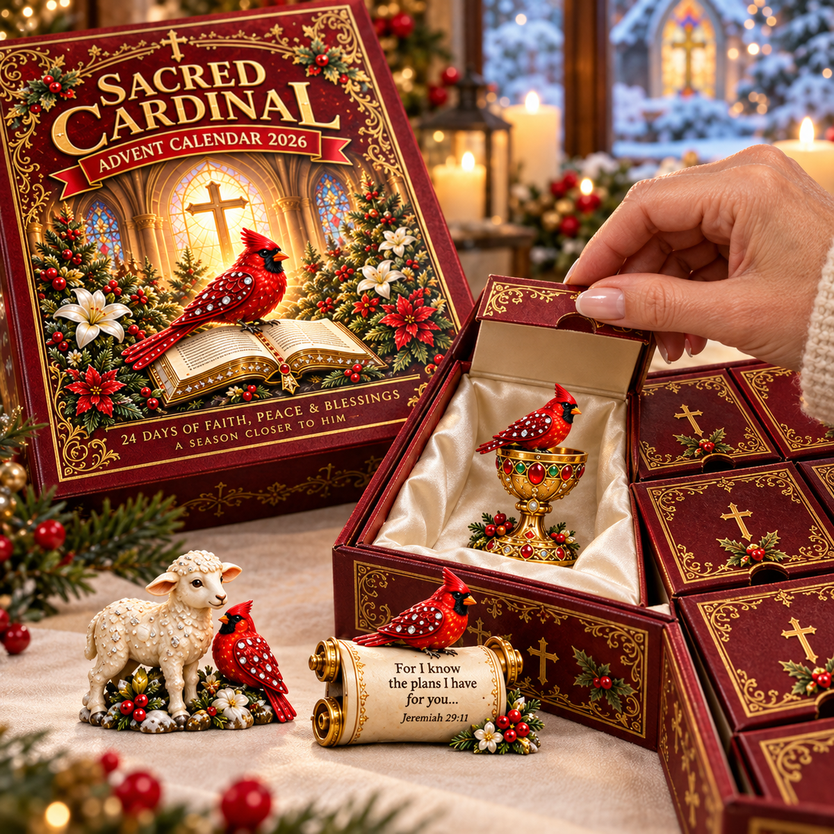 Sacred Cardinal Advent Calendar 2026 – 24 Christian Keepsake Figurines of Faith, Hope & Christmas Blessings