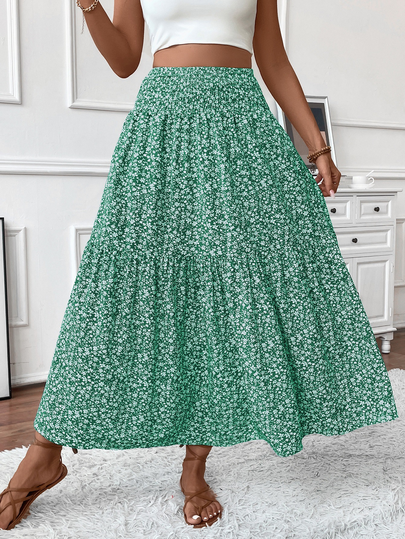Floral print three-layer patchwork long skirt - Buy 2 items and get free shipping！