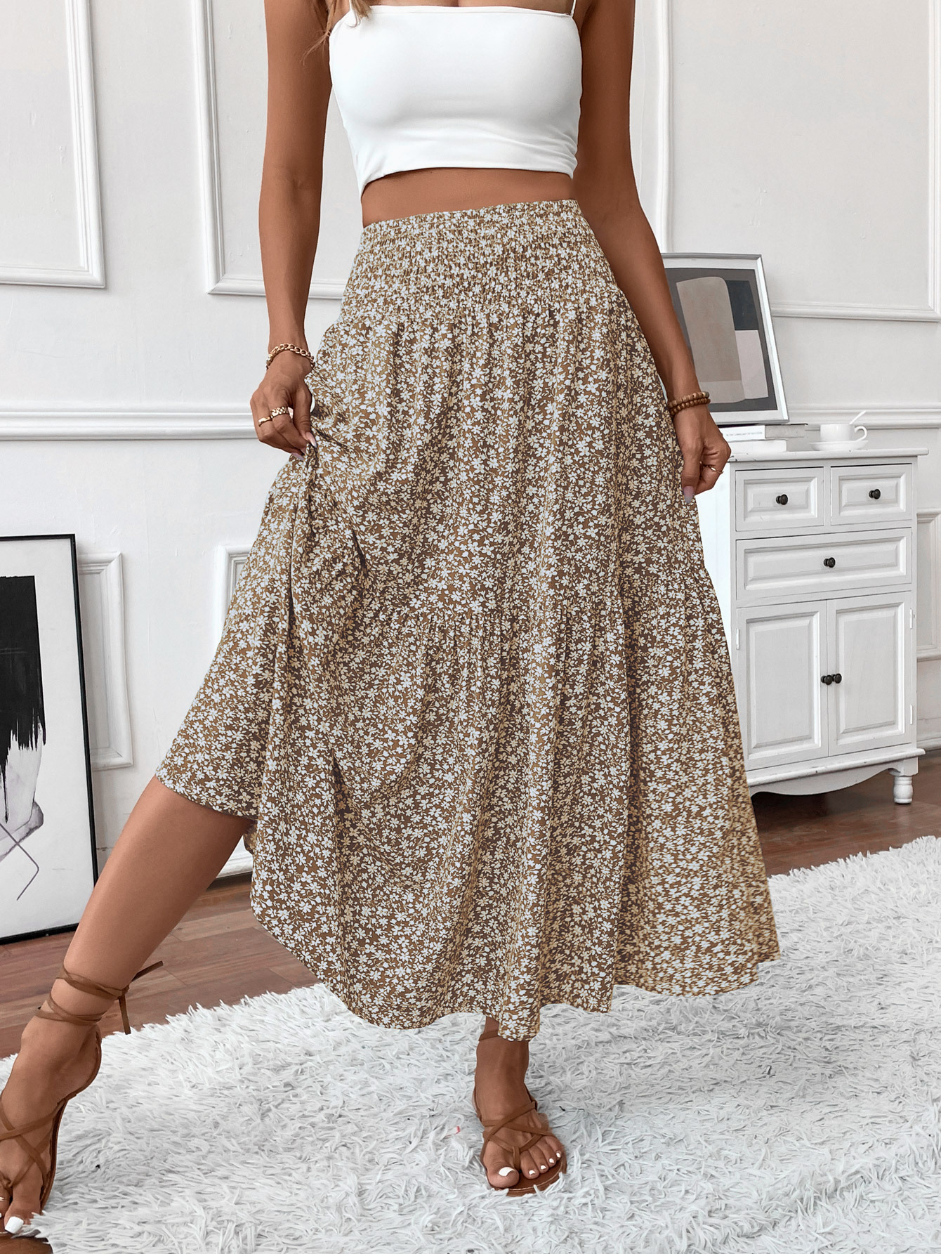 Floral print three-layer patchwork long skirt - Buy 2 items and get free shipping！