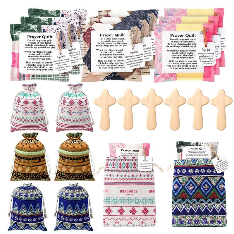 🎁6 Sets Pocket Prayer Quilt Set | Mini Handmade Prayer Blankets with Cross & Drawstring Bag Christian Gifts✝️