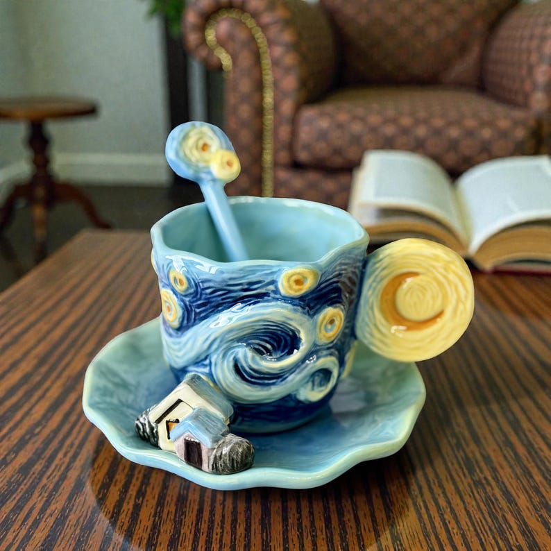 1 Set of Hand Painted Ceramic Cups & Saucers | 3D Starry Sky, Apricot Flower, Sunflower, Iris Tea | Coffee Mug | Round Plate and Spoon