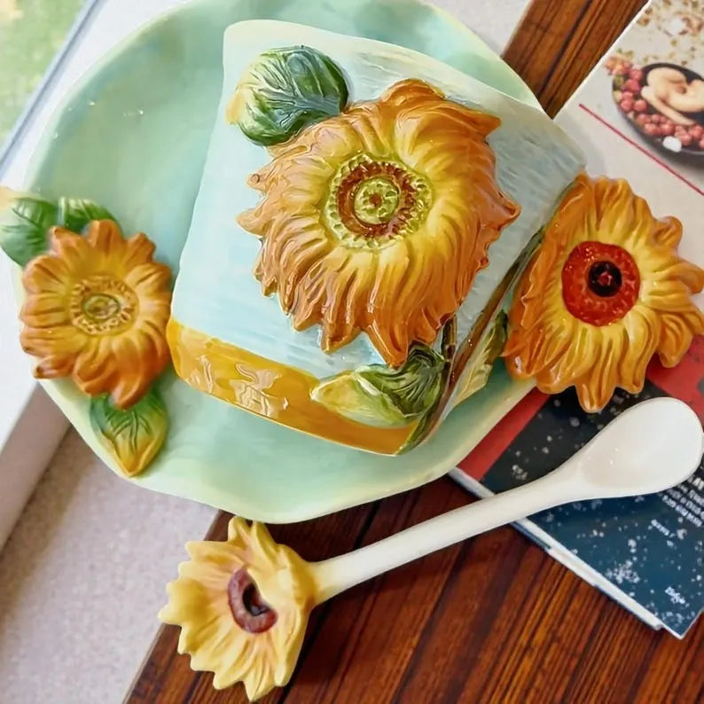 1 Set of Hand Painted Ceramic Cups & Saucers | 3D Starry Sky, Apricot Flower, Sunflower, Iris Tea | Coffee Mug | Round Plate and Spoon