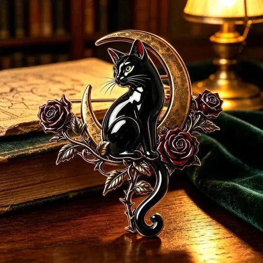 🐈‍⬛🌙 Black Cat Crescent Moon Brooch – Gothic Rose Statement Pin
