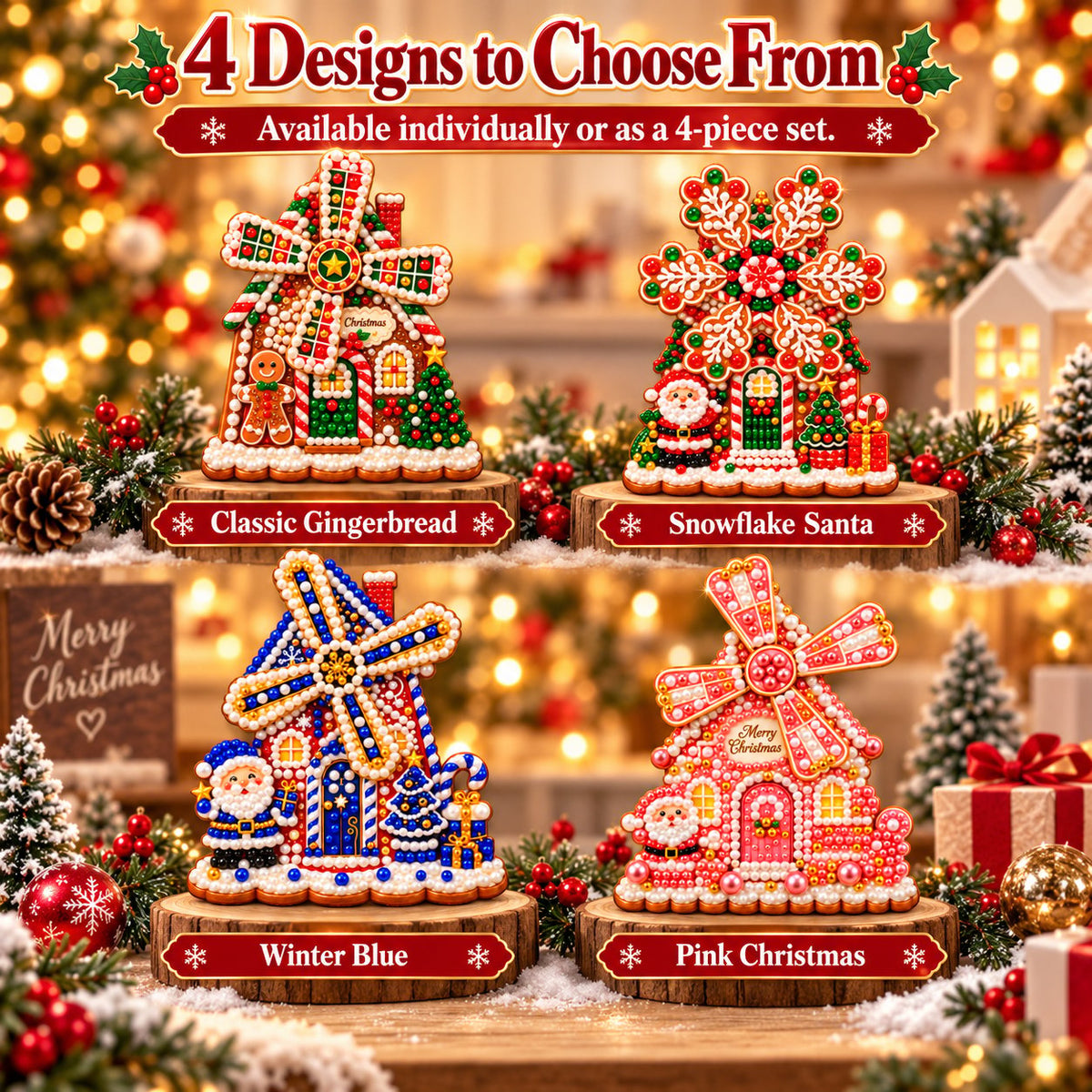 🎄 Wooden Christmas windmill decoration with rotating sails – 4 festive designs