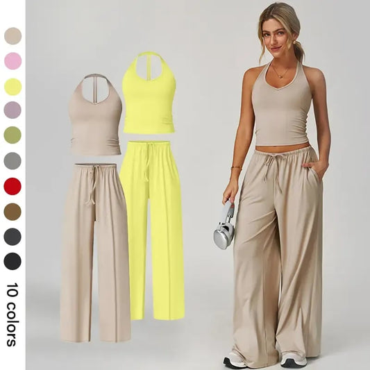 Women’s 2-Piece Silk-Like Lounge Set – V-Neck Strappy Top & Wide Leg Pants