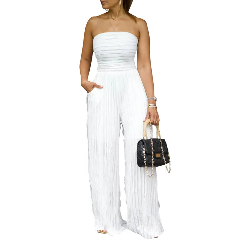 Strapless Crinkle Wide-Leg Jumpsuit