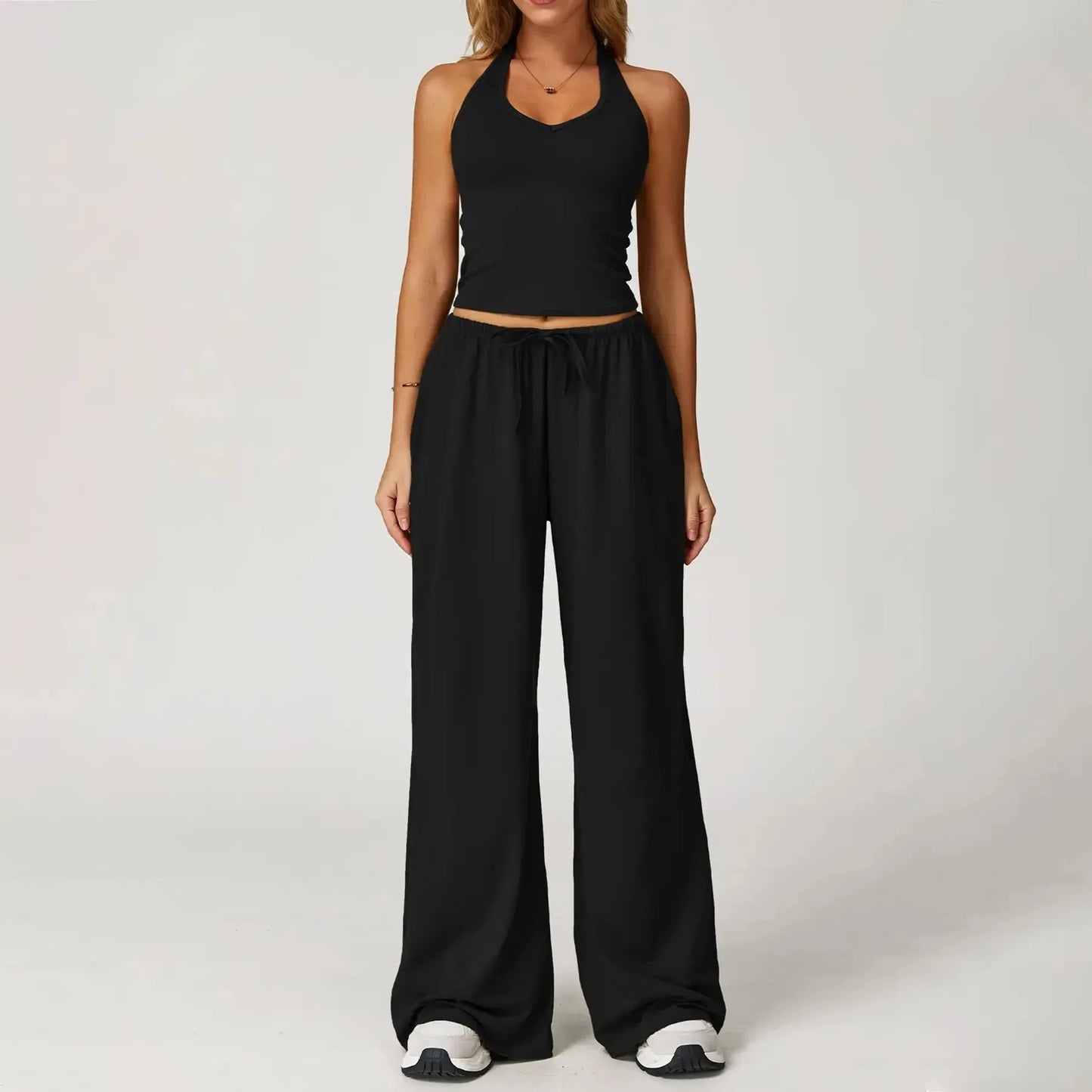 Women’s 2-Piece Silk-Like Lounge Set – V-Neck Strappy Top & Wide Leg Pants
