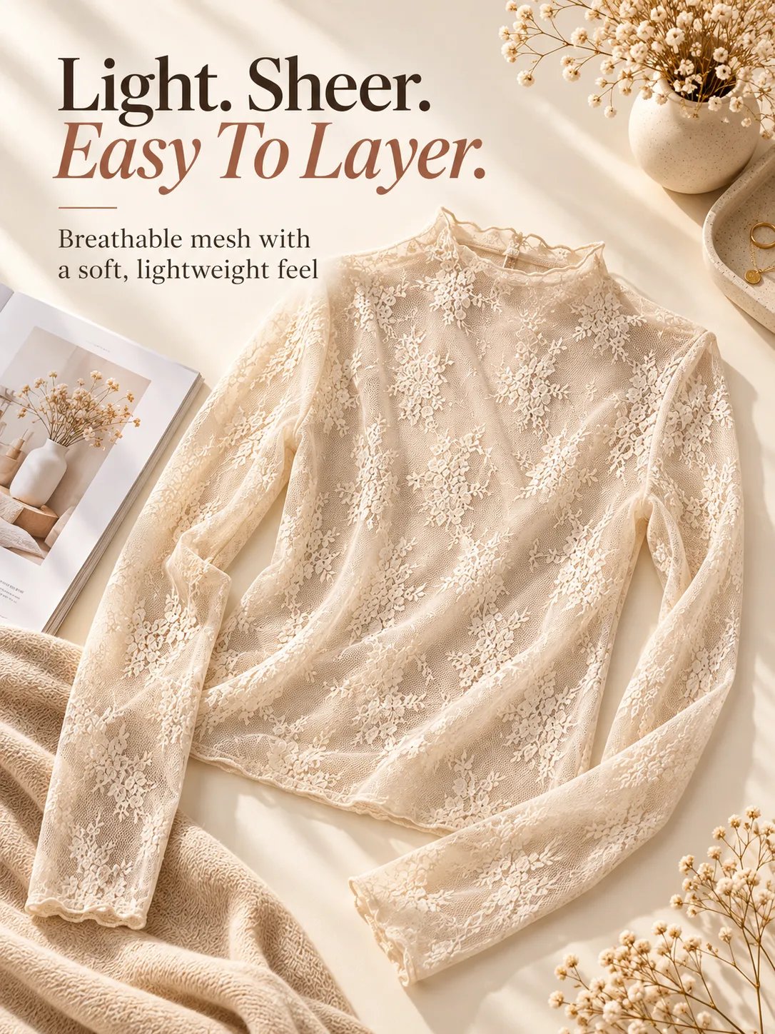 🌸 5-Pack Floral Lace Mesh Tops | Elegant Layering Set