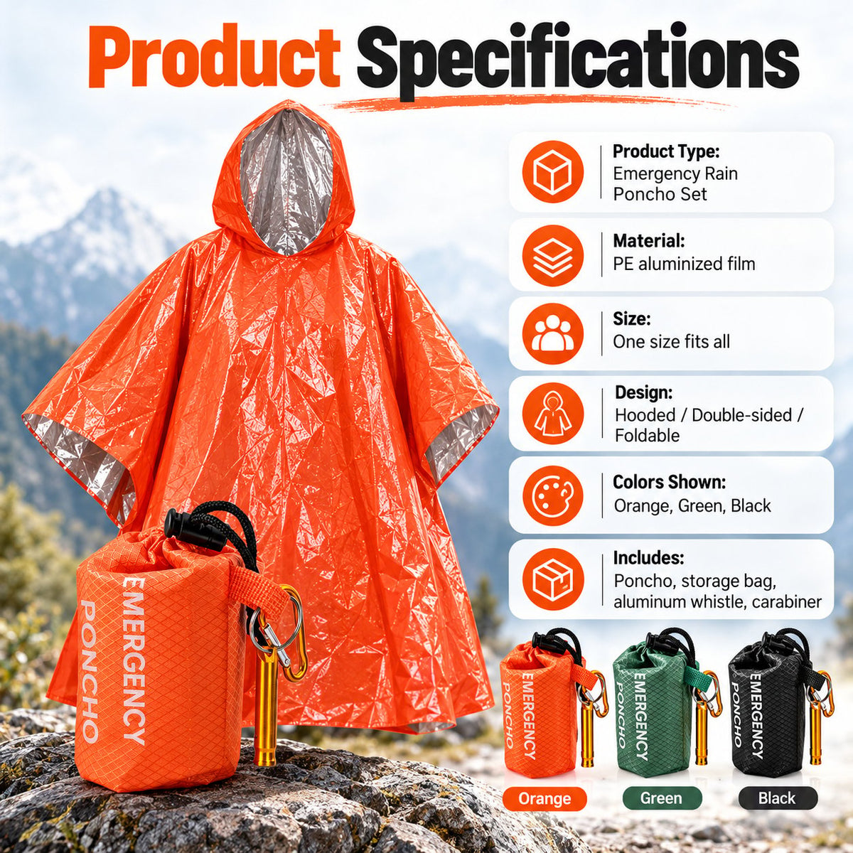 Emergency Rain Poncho Set with Storage Pouch, Aluminum Whistle & Carabiner
