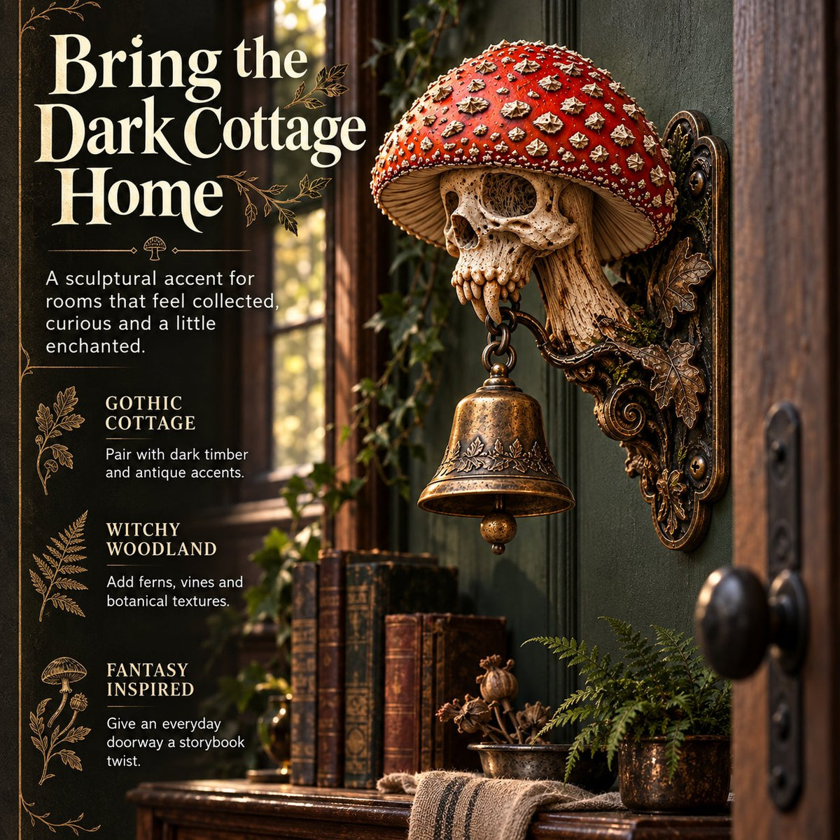 ⏳ Last Day 49% OFF – 🍄 Skullcap Guardian Mushroom Skull Door Bell | Gothic Woodland Décor with Hanging Bell 💀🔔