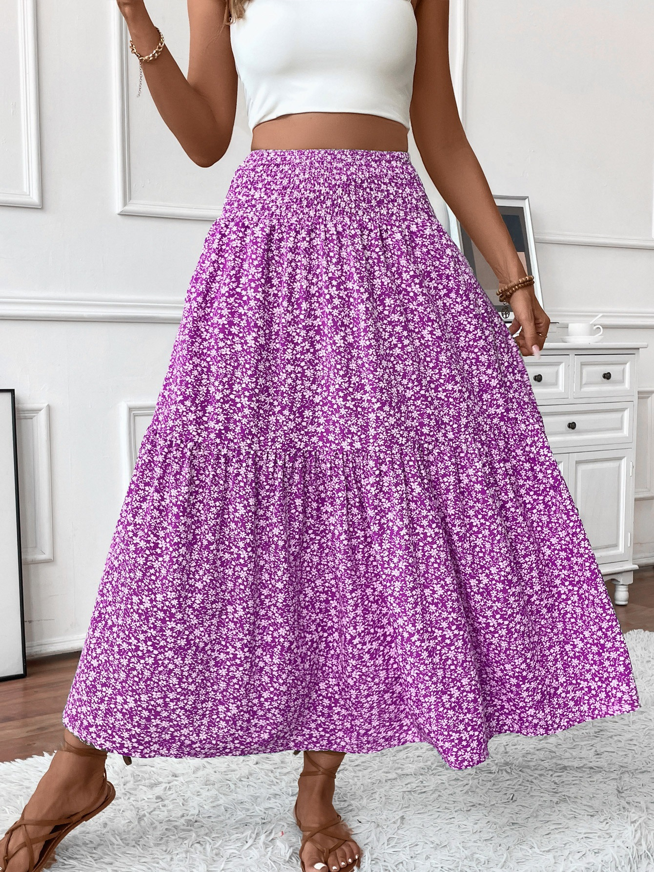 Floral print three-layer patchwork long skirt - Buy 2 items and get free shipping！