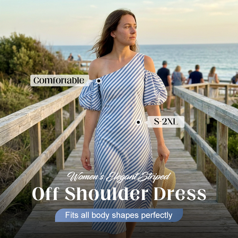 Women Striped Off Shoulder Dress – Elegant Flowy Summer Chic