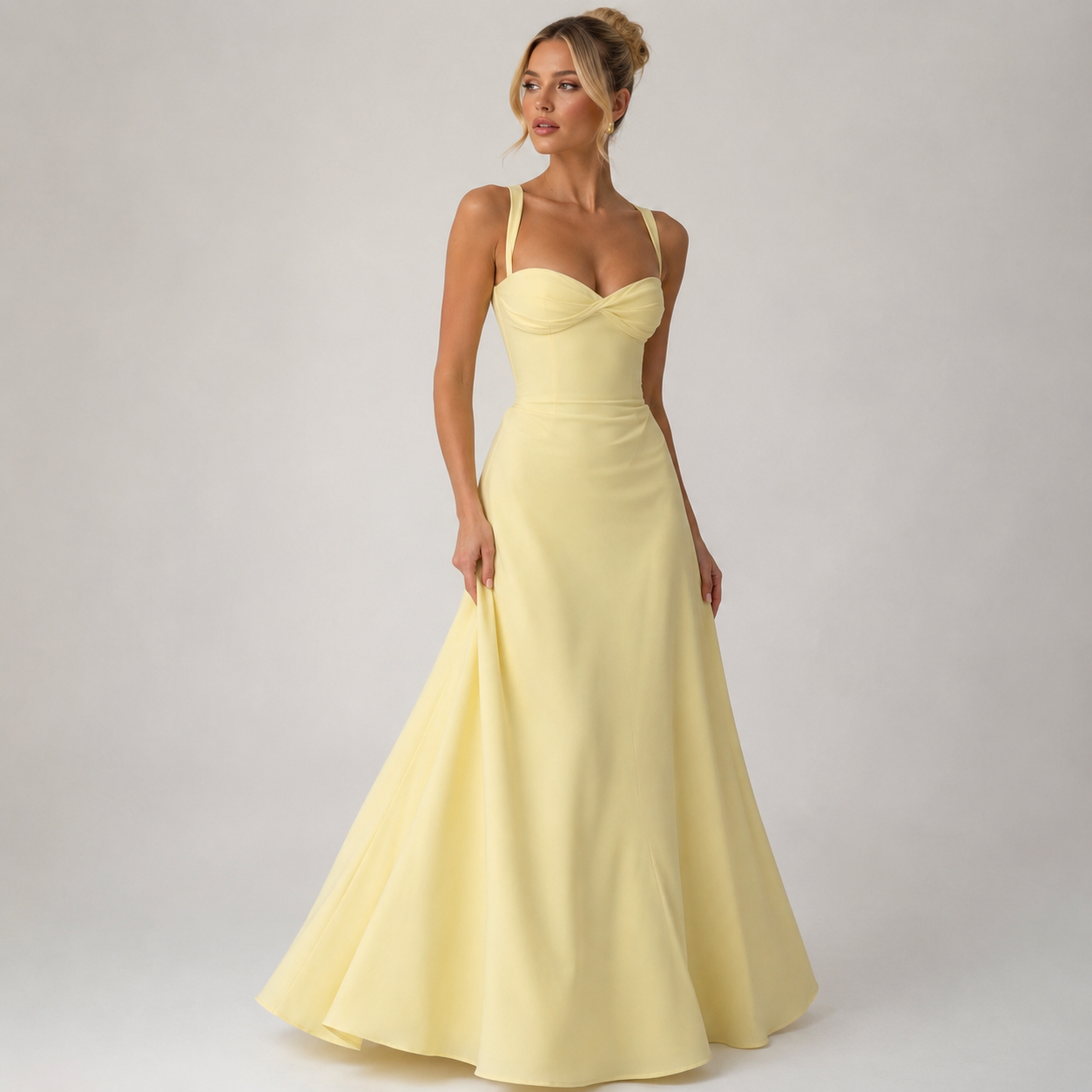 Yellow Sweetheart Neck Ruched Sleeveless Midi Dress