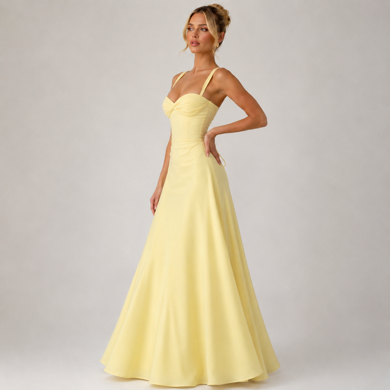 Yellow Sweetheart Neck Ruched Sleeveless Midi Dress