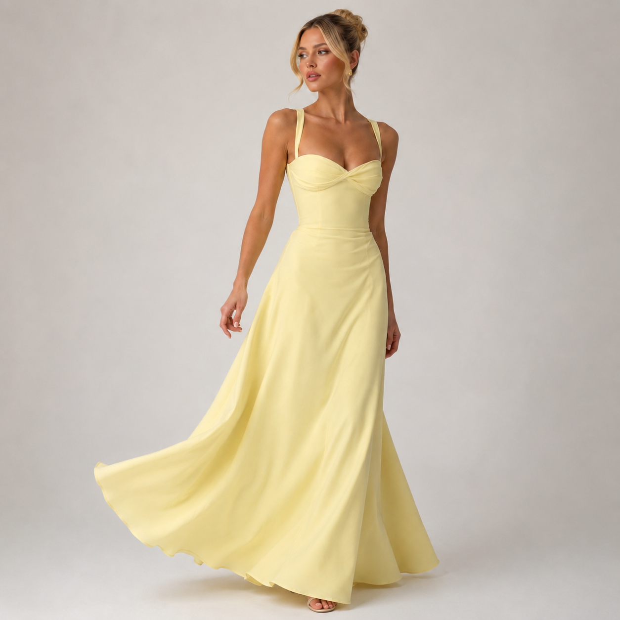 Yellow Sweetheart Neck Ruched Sleeveless Midi Dress