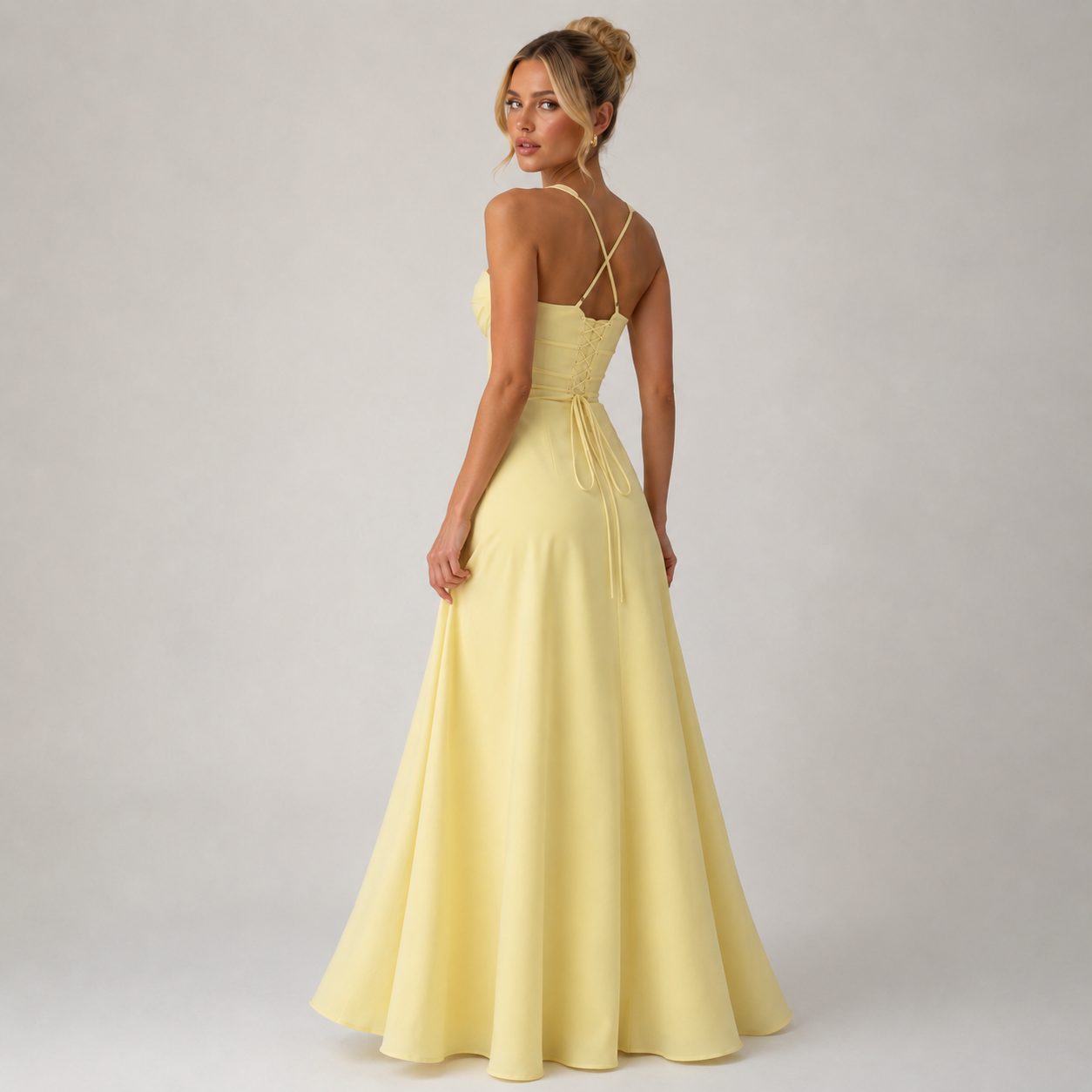 Yellow Sweetheart Neck Ruched Sleeveless Midi Dress