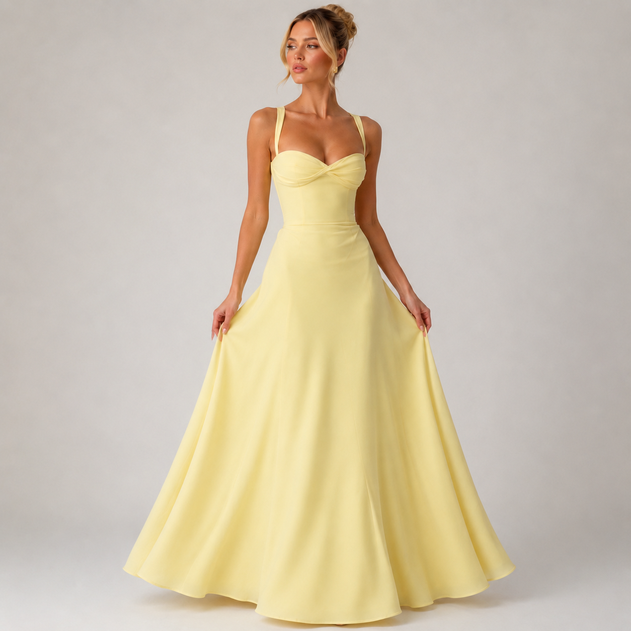 Yellow Sweetheart Neck Ruched Sleeveless Midi Dress