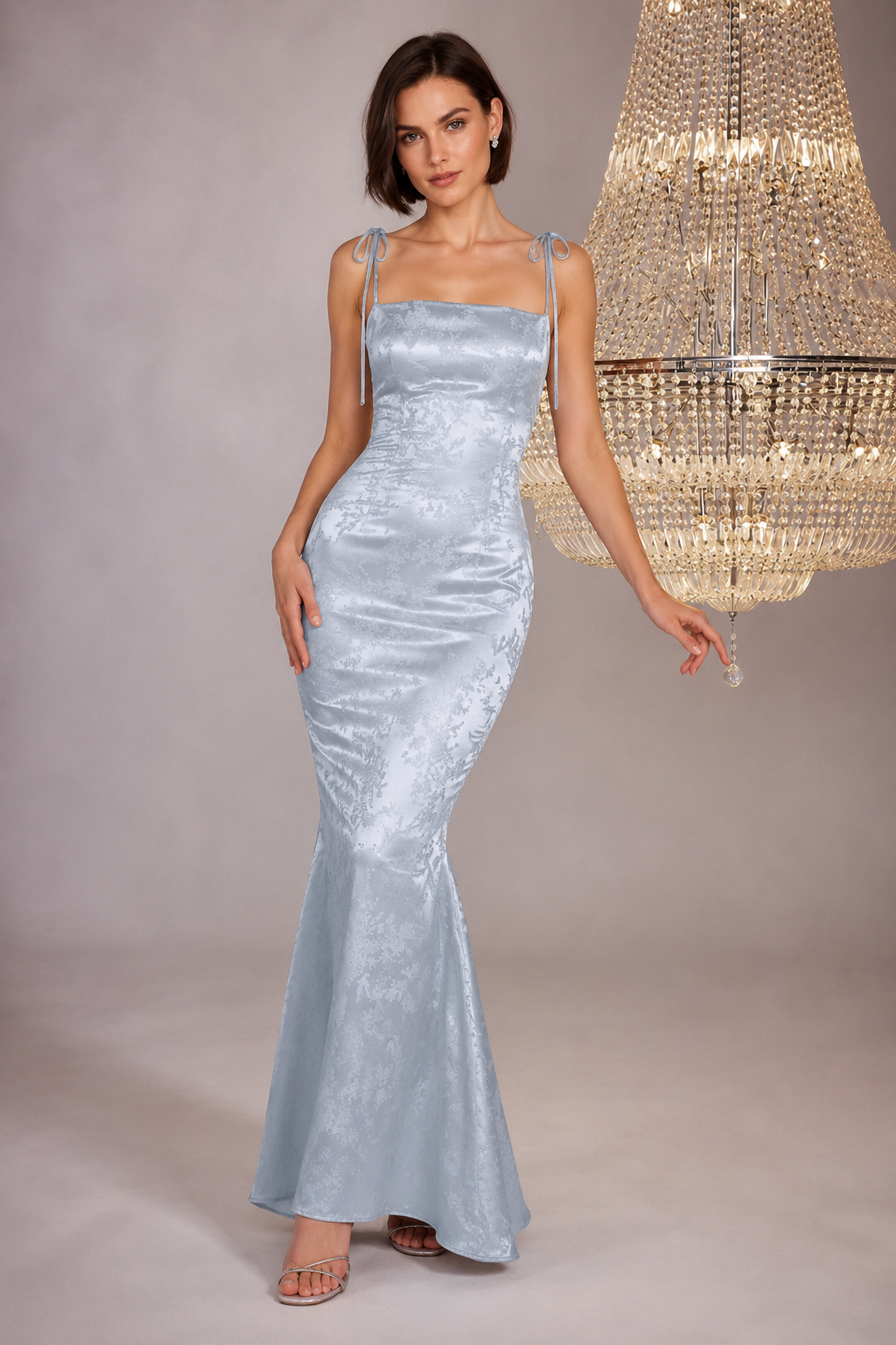 Floral Jacquard Lace Up Backless Split Hem Satin Dress