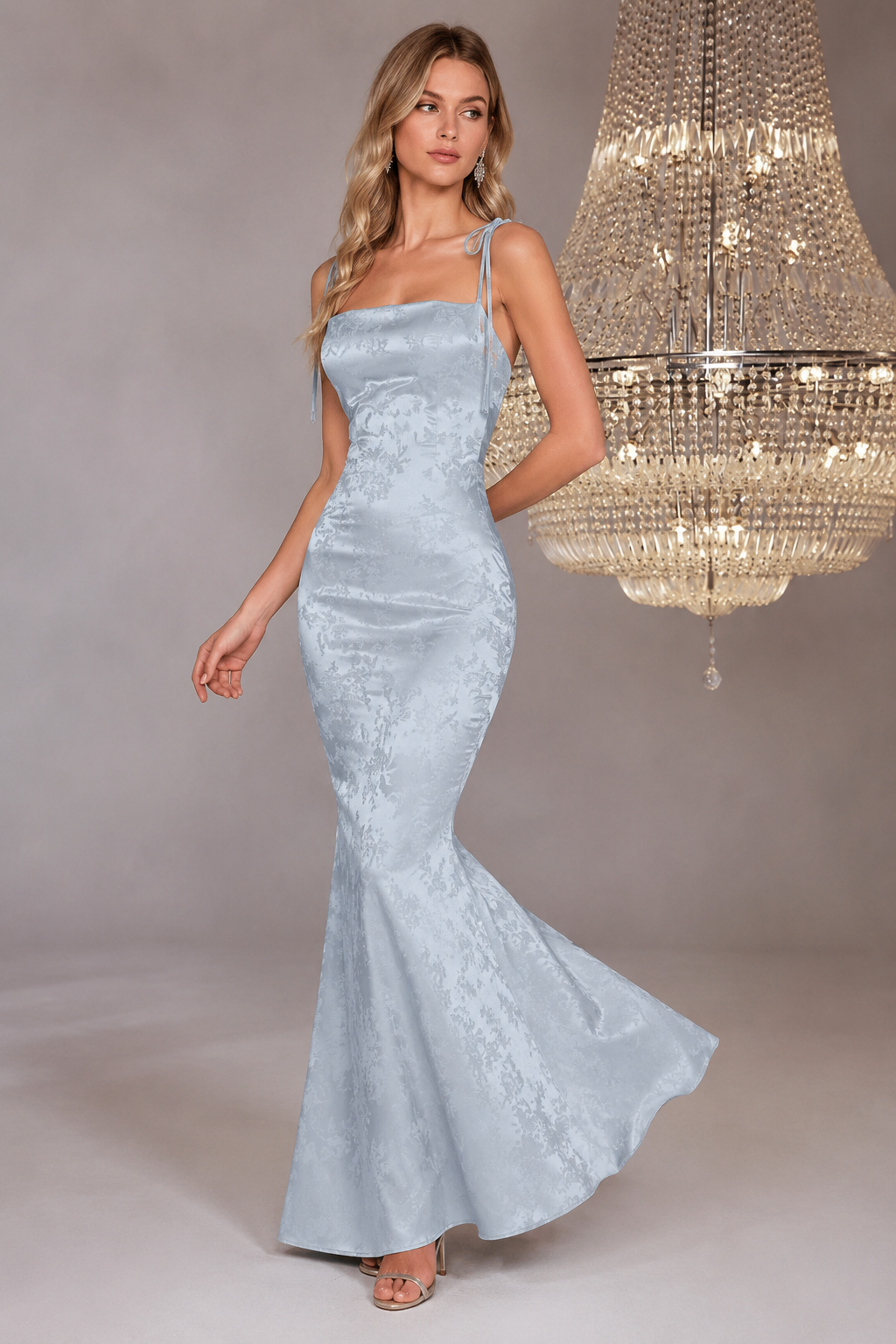 Floral Jacquard Lace Up Backless Split Hem Satin Dress