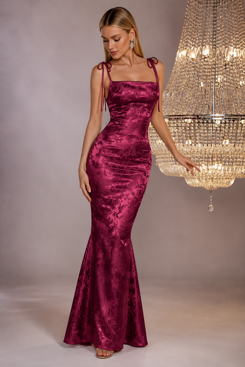 Floral Jacquard Lace Up Backless Split Hem Satin Dress
