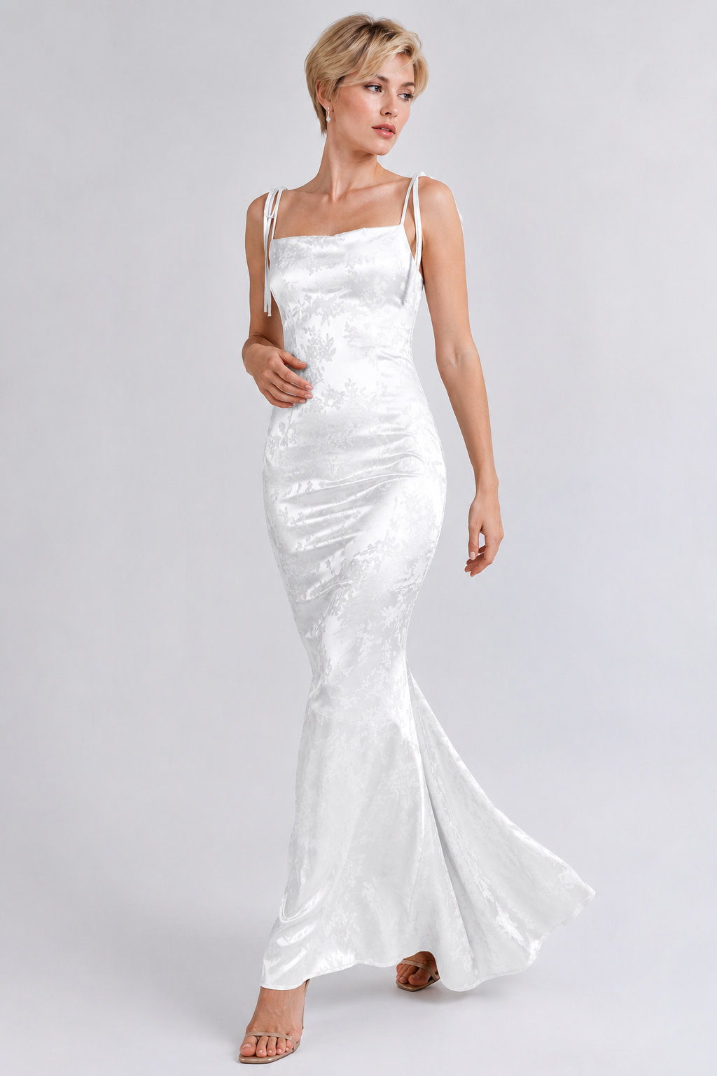 Floral Jacquard Lace Up Backless Split Hem Satin Dress
