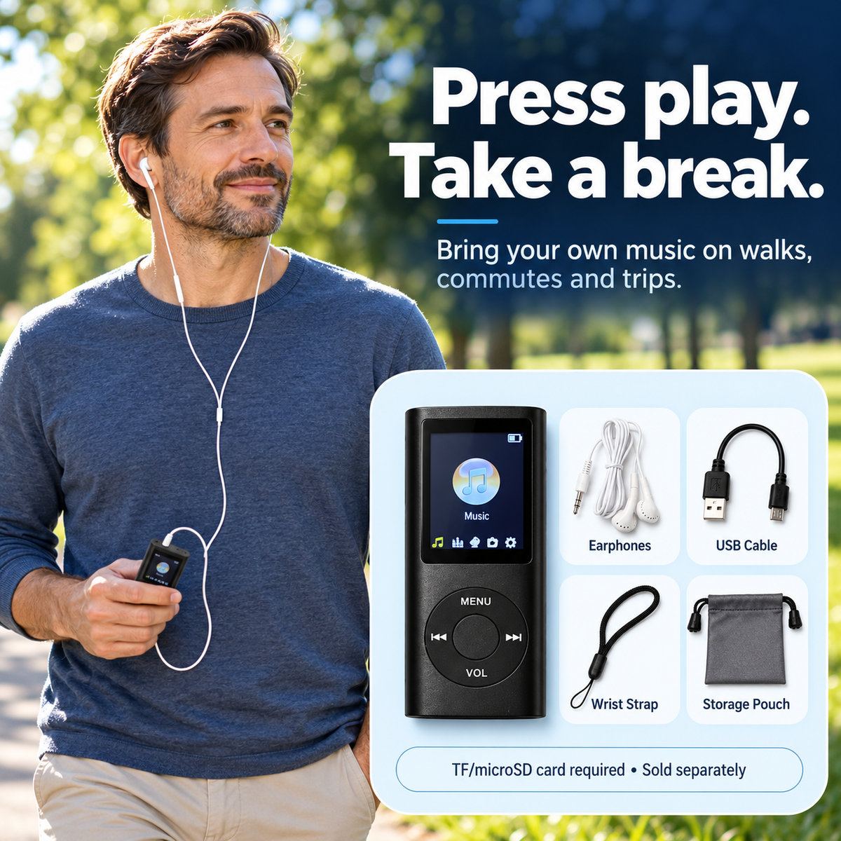 🎵 Pocket MP3 Player – Offline Music, Bluetooth Audio & LCD Screen