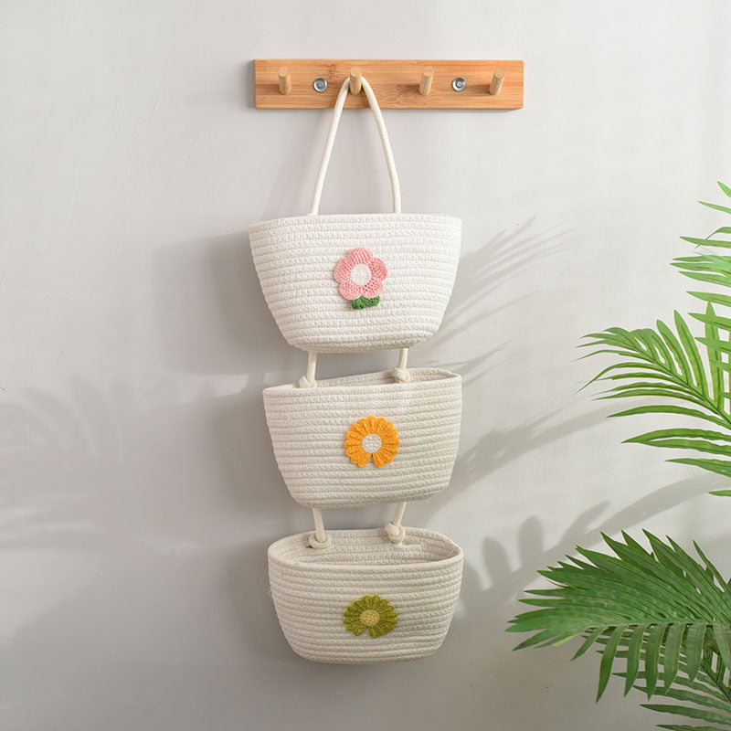 living room bedroom entryway Over The Door Hanging Basket Boho Woven Over-Door Storage Organizer – 3-Tier Cotton Hanging Baskets