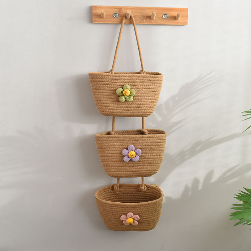 living room bedroom entryway Over The Door Hanging Basket Boho Woven Over-Door Storage Organizer – 3-Tier Cotton Hanging Baskets