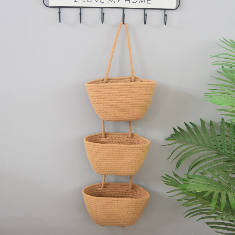 living room bedroom entryway Over The Door Hanging Basket Boho Woven Over-Door Storage Organizer – 3-Tier Cotton Hanging Baskets