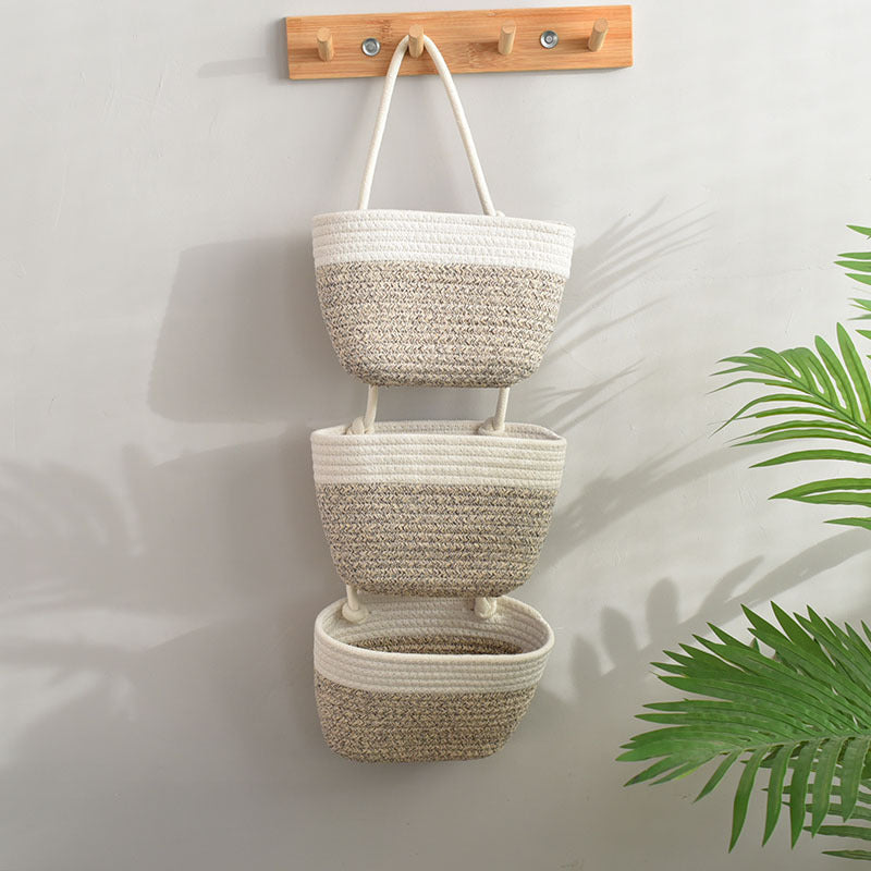 living room bedroom entryway Over The Door Hanging Basket Boho Woven Over-Door Storage Organizer – 3-Tier Cotton Hanging Baskets