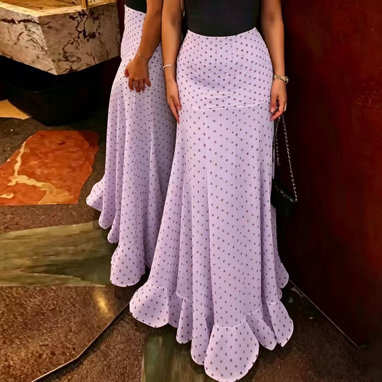 White & Black Polka Dot Floor-length Chiffon Skirt - Buy 2 items and get free shipping！