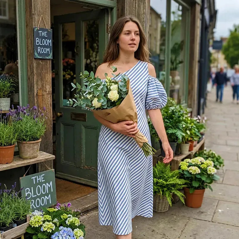 Women Striped Off Shoulder Dress – Elegant Flowy Summer Chic