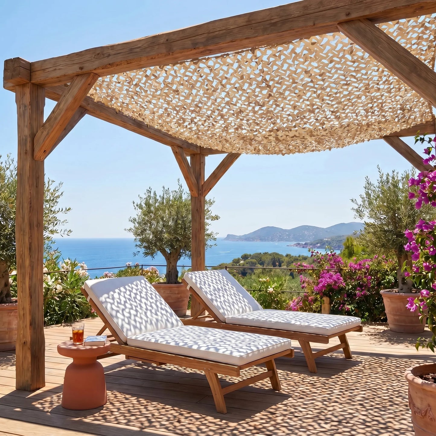 Reinforced sand-colored camouflage net for terraces and pergolas – Mediterranean style