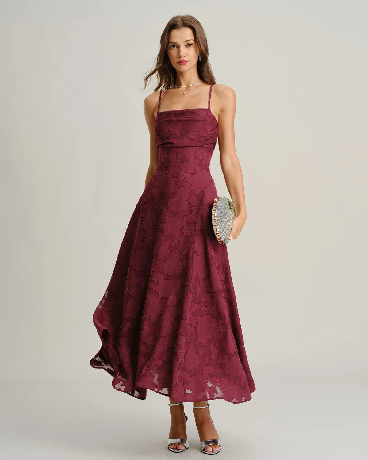 Wine Red Jacquard Slip Maxi Dress