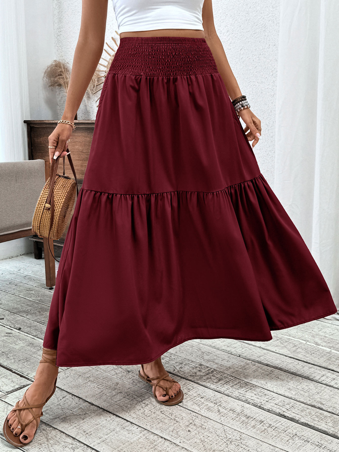 Floral print three-layer patchwork long skirt - Buy 2 items and get free shipping！