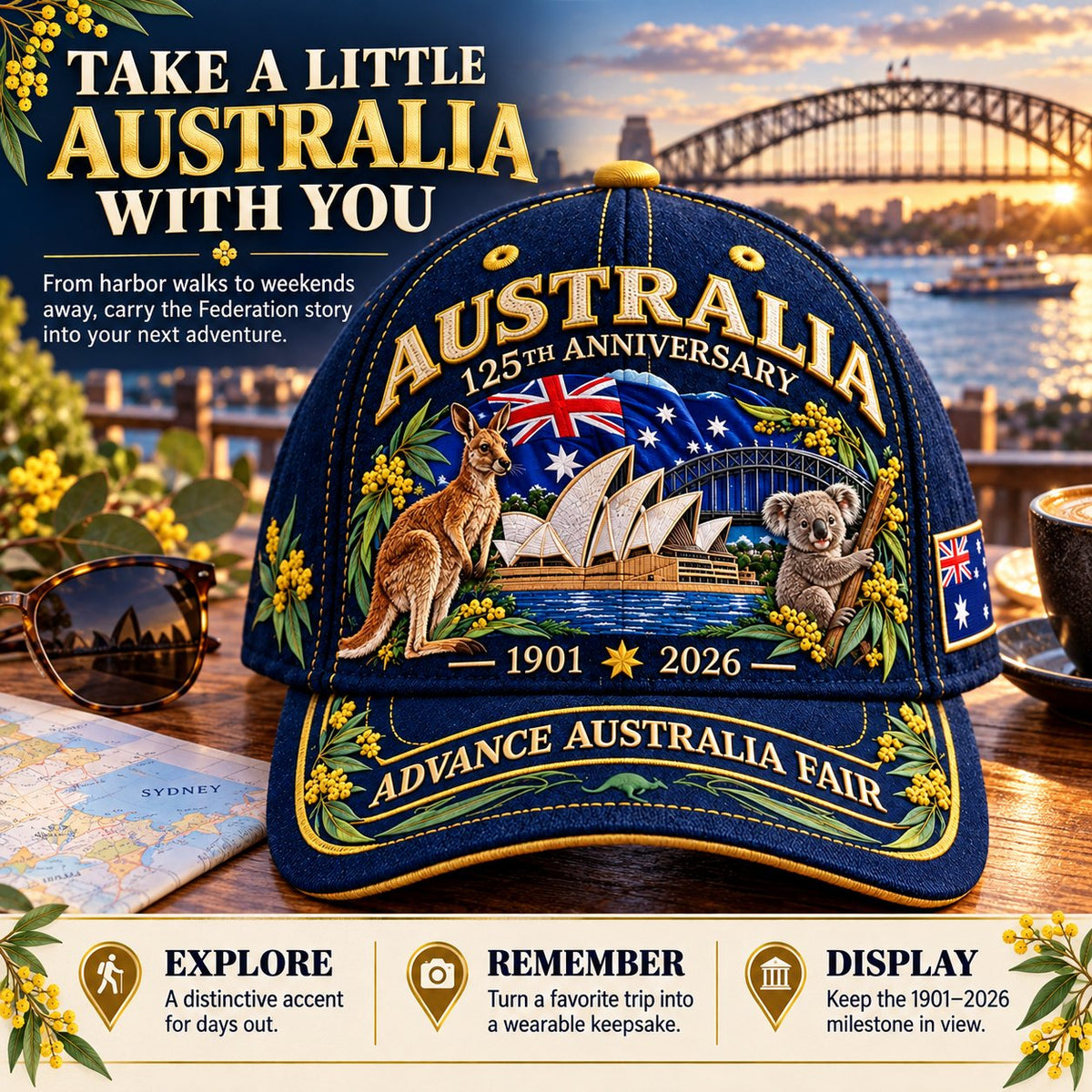 💝LAST DAY 49% OFF - 🦘 Australia 125th Anniversary 1901–2026 – Premium Embroidered Heritage Cap | Cotton-Poly Blend • Detailed Embroidery • Adjustable Fit 🇦🇺