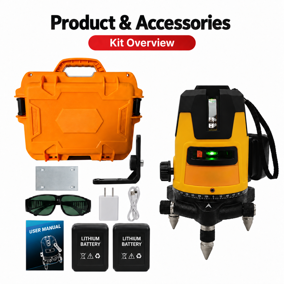 Laser level kit with carry case, mounting bracket, plate, viewing glasses, charger, USB cable, manual and two battery packs