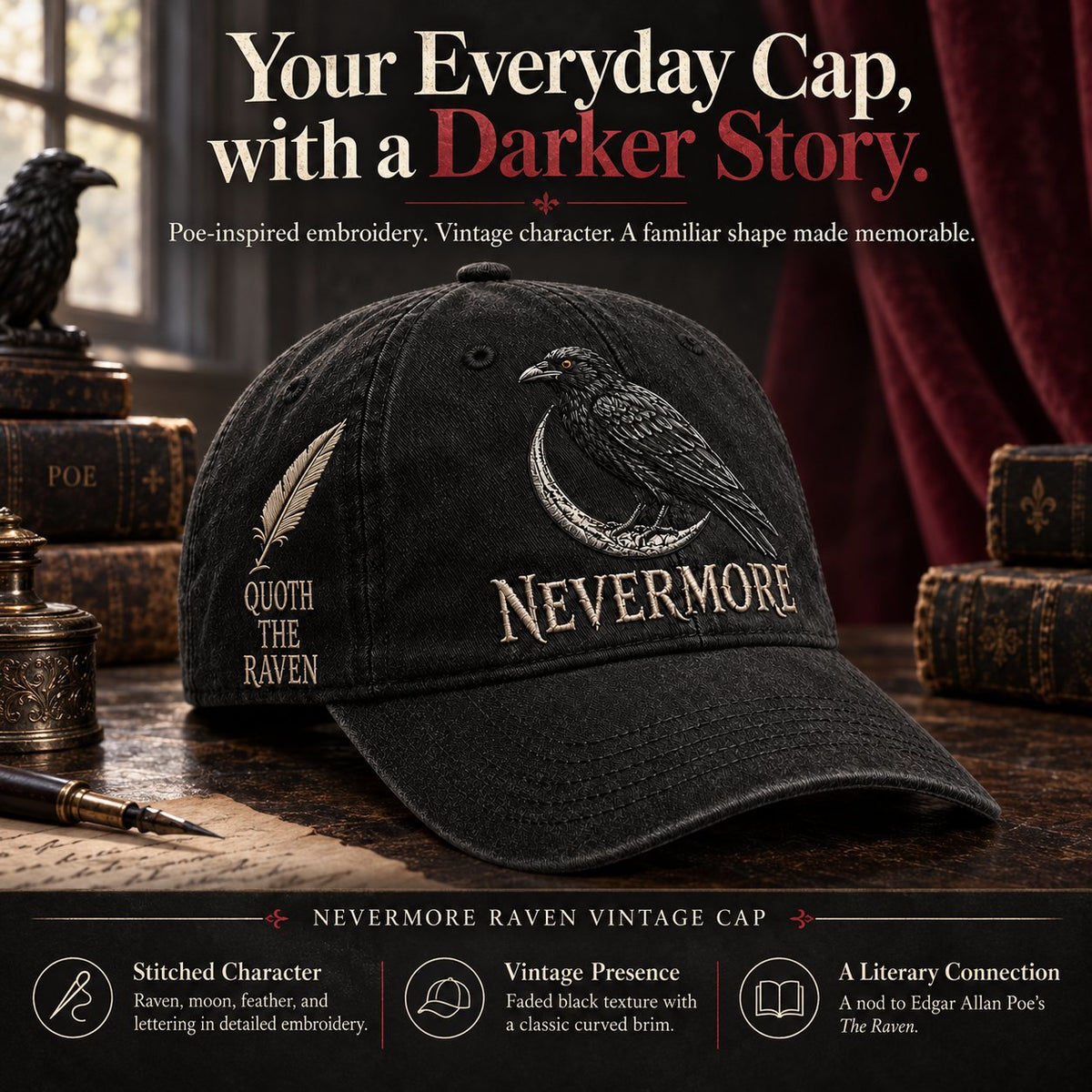 🐦 NEVERMORE Raven Gothic Cap – Premium Embroidered Literary Cap | Full Embroidery • Adjustable Fit • Vintage Black Style 🌙